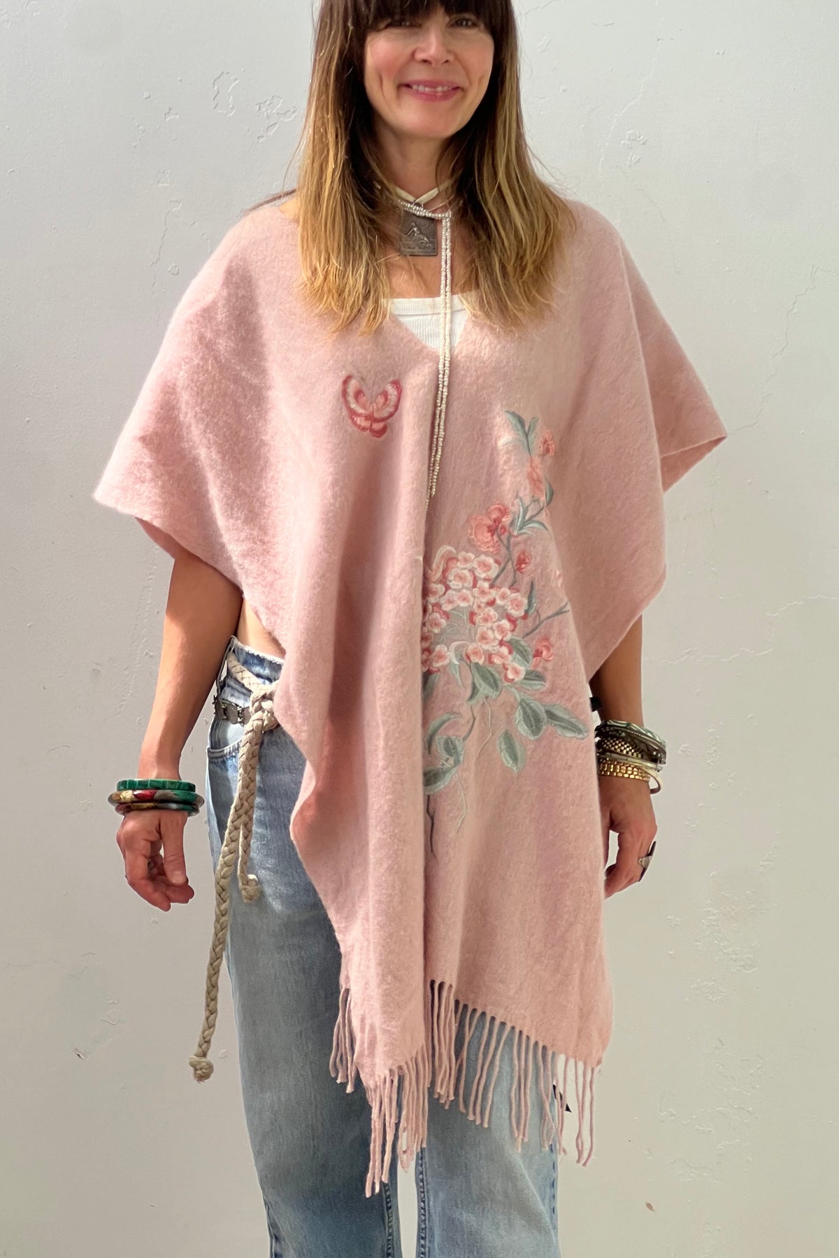Poncho Wool Y2K Embroidered Flowers and Butterflies Reworked Vintage