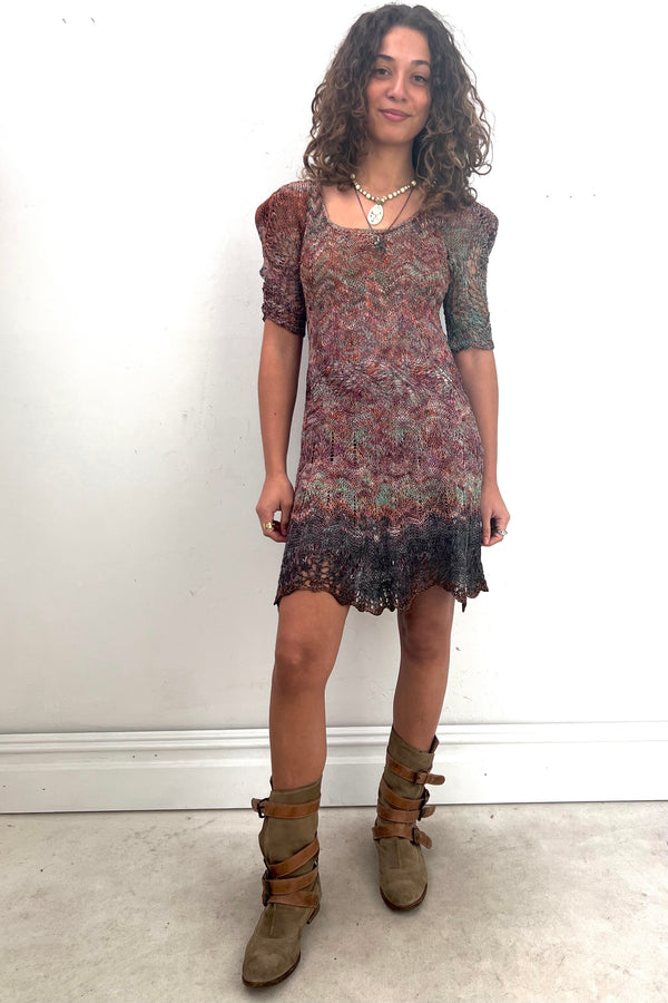 Vintage Hand Knit Multi Jeweltone Mini Dress, Cotton/Rayon