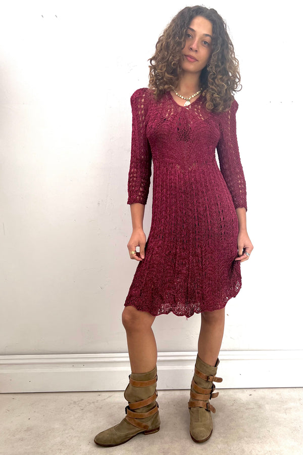 Vintage Hand Knit Wine Dress, Cotton