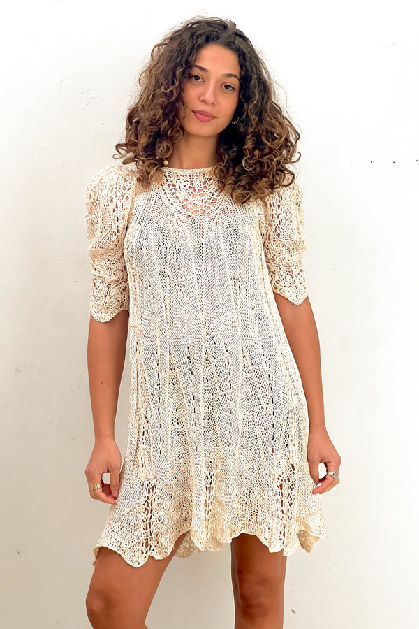 Vintage Hand Knit Ivory Mini Dress, Cotton blend