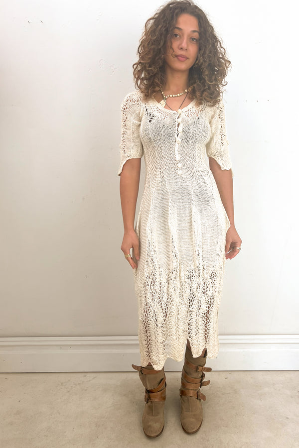Vintage Hand Knit Blanco Dress, Cotton