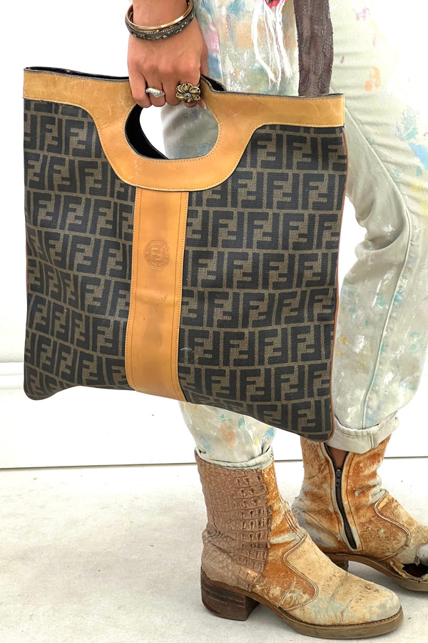Vintage Fendi Handheld Shabby Tote Bag, Leather trim, coated canvas body