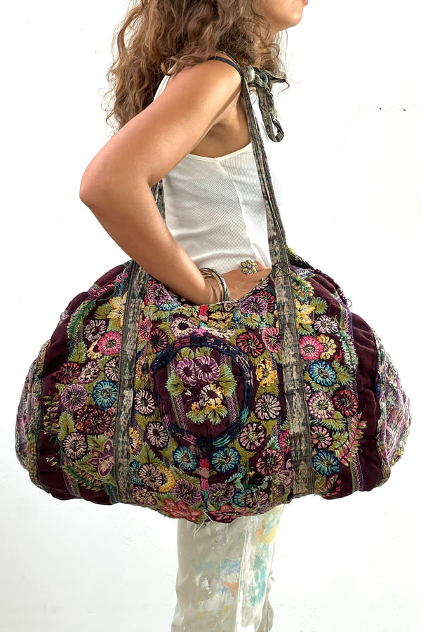 Vintage Hand Embroidered Woven Shabby Duffle Bag, Cotton