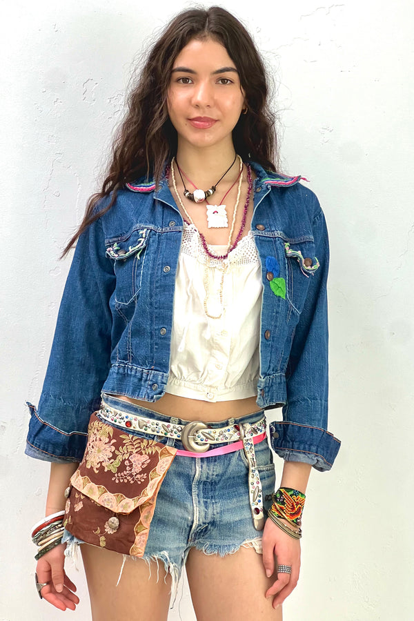 Vintage Hand Embroidered Put On Shop Denim Jean Jacket, Cotton
