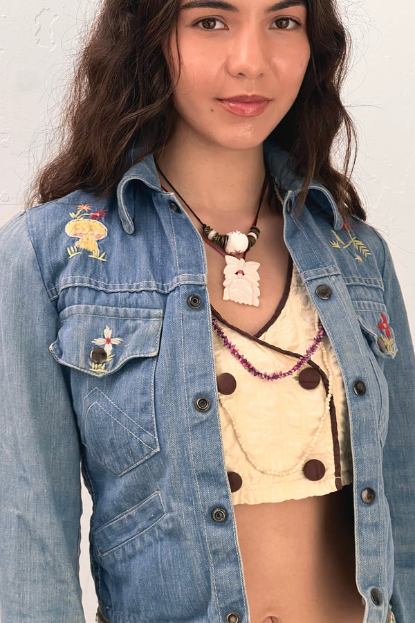 Vintage Mushrooms Flowers Hand Embroidered Denim Jean Jacket, Cotton