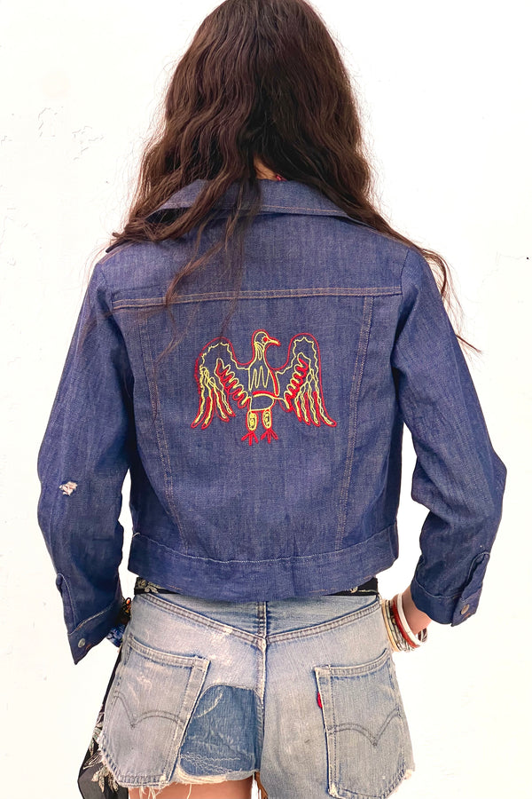Vintage Thunderbird Embroidered Denim Jean Jacket, Cotton