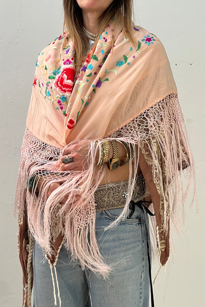 Piano Shawl Silk 1950s Hand Embroidered Vintage