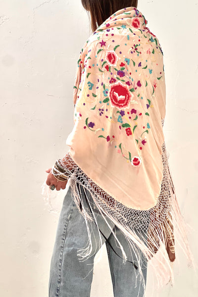 Piano Shawl Silk 1950s Hand Embroidered Vintage