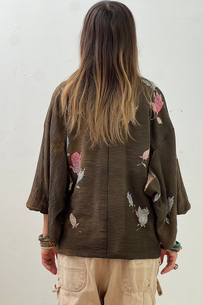 Kimono Silk 1940s Flowers Demi Vintage