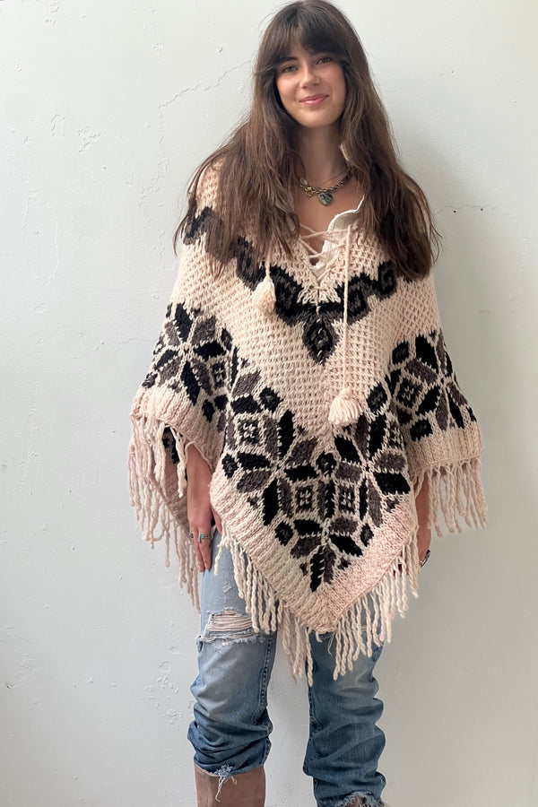 Vintage Fringe Wool Poncho, Wool