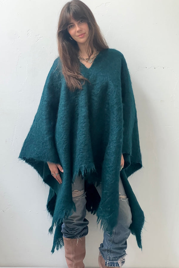Anna Corinna Reworked Vintage Woven Teal Poncho, Wool blend