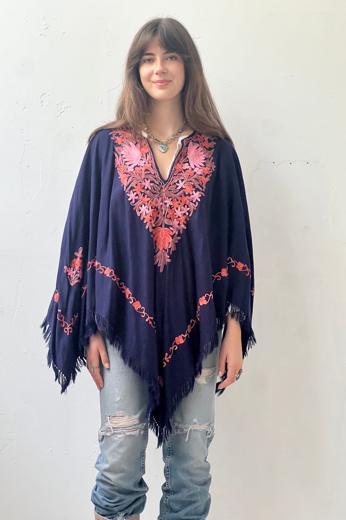 Vintage Embroidered Wool Poncho, Wool