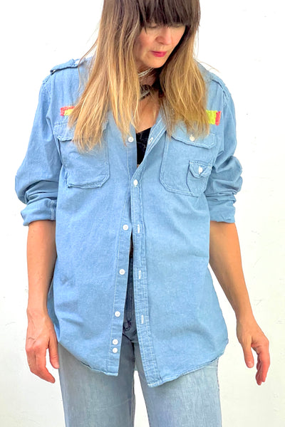 Button Down Chambray 80s Flamingo Button Down Reworked Vintage