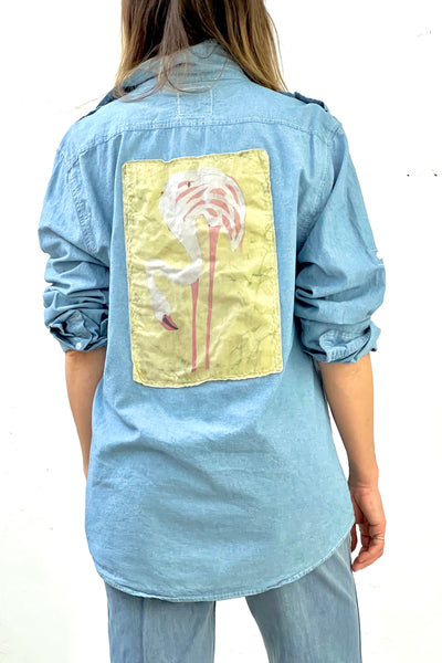 Button Down Chambray 80s Flamingo Button Down Reworked Vintage