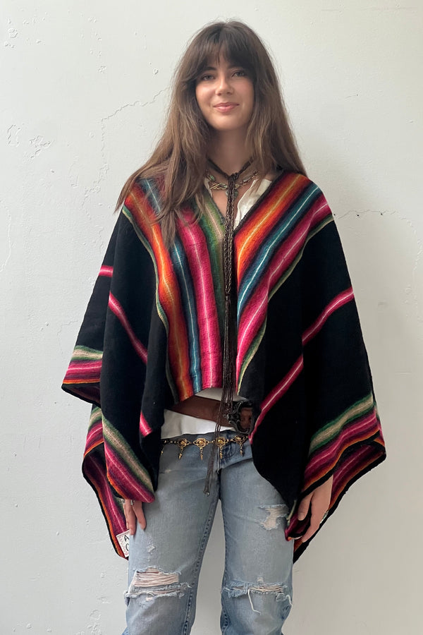 Anna Corinna Reworked Vintage Hand Woven Midnight Wool Poncho, Wool