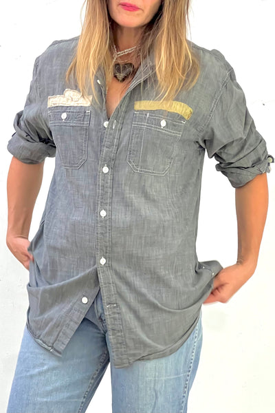 Chambray 80s Block Print Button Down Reworked Vintage