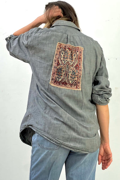 Chambray 80s Block Print Button Down Reworked Vintage