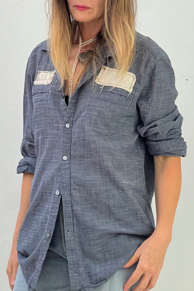 Linen 80s Block Print Button Down Reworked Vintage