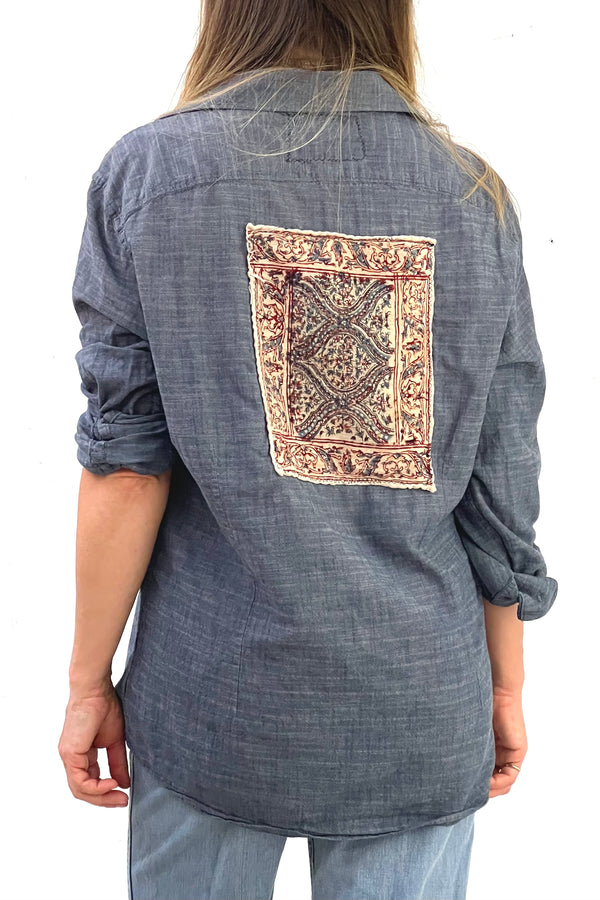 Linen 80s Block Print Button Down Reworked Vintage