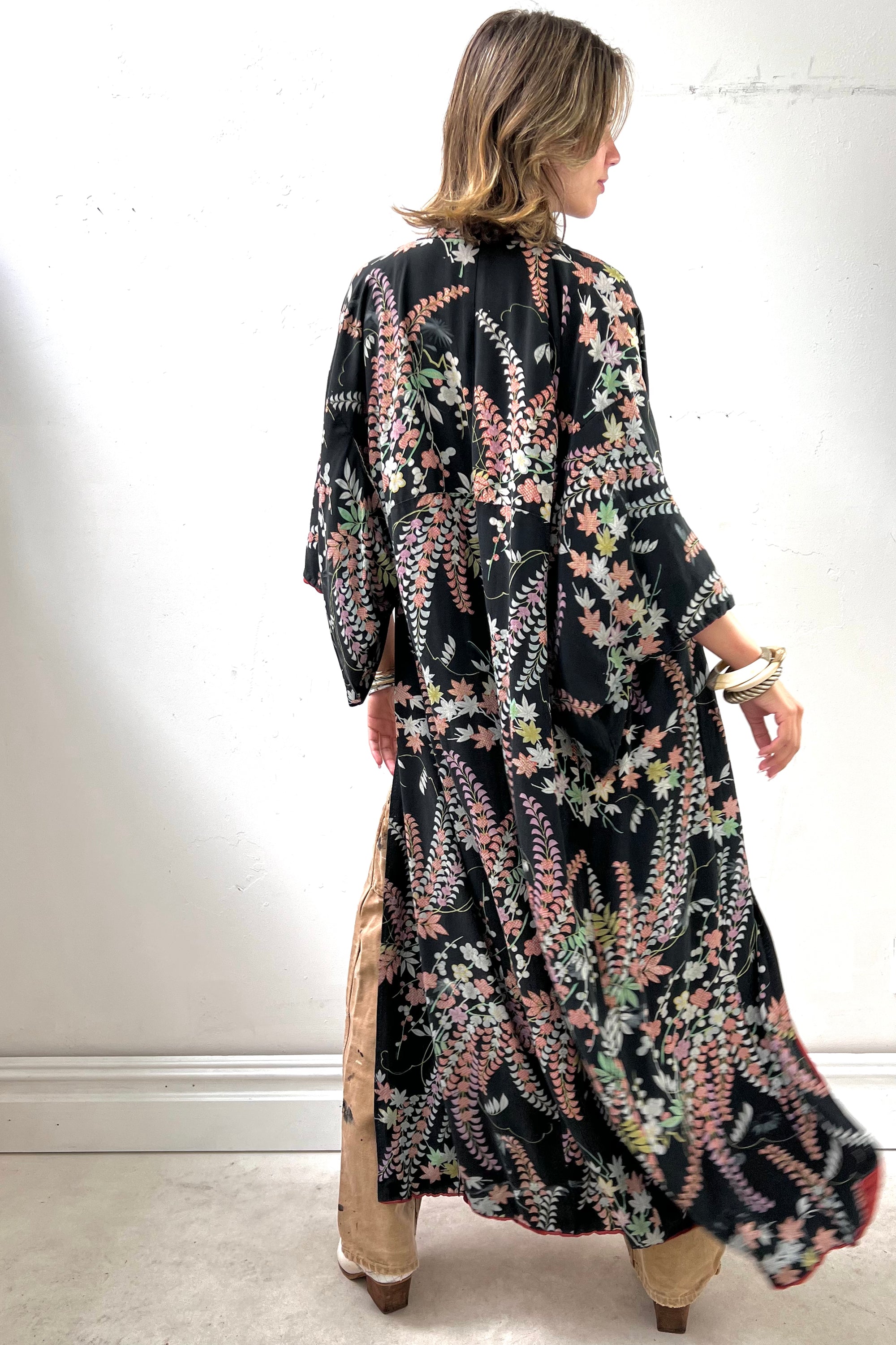 Vintage Silk Midnight Flower Vines Kimono Selected by Anna Corinna