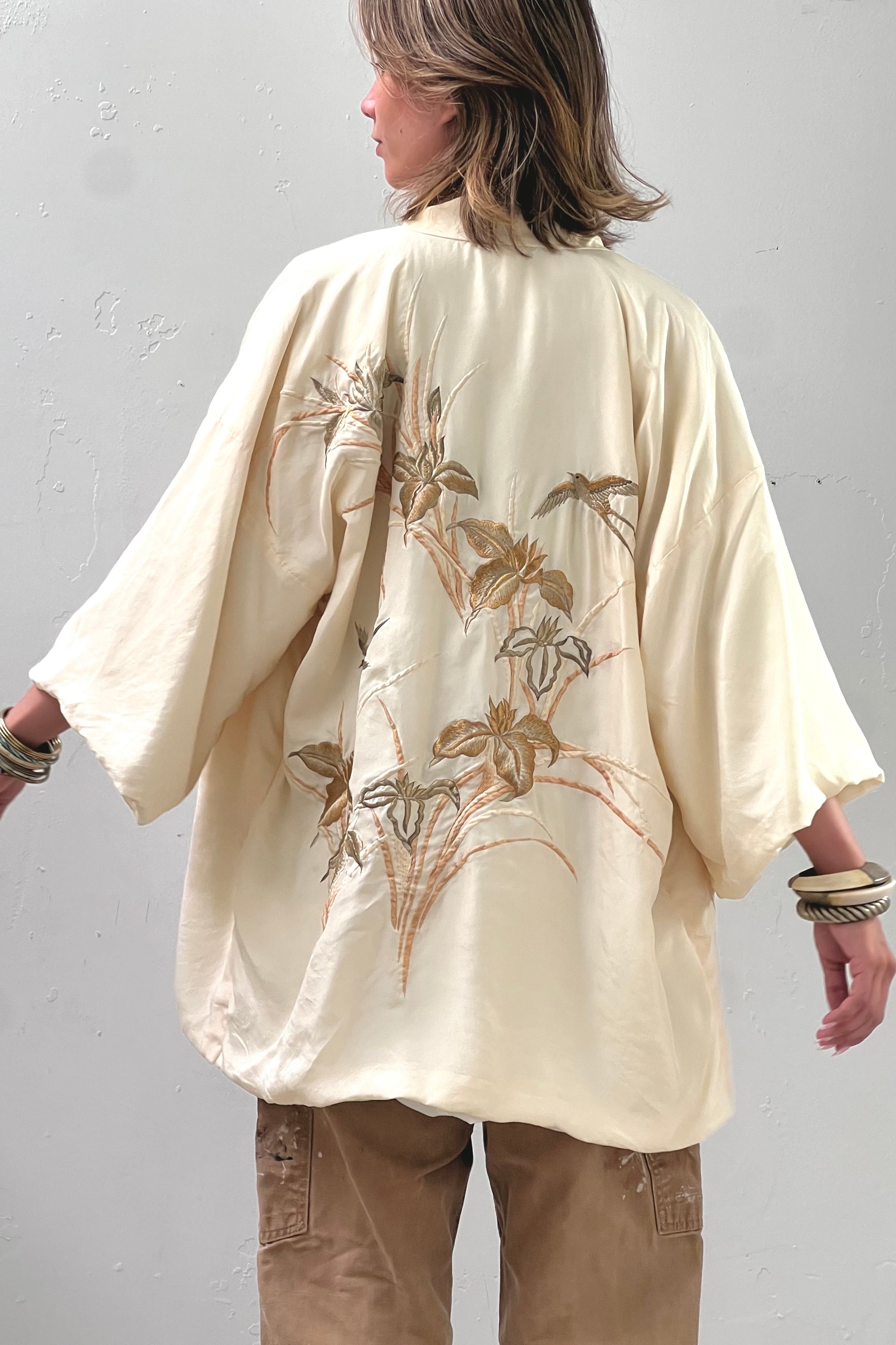 Vintage Silk Sparrows and Flowers Kimono Selected by Anna Corinna