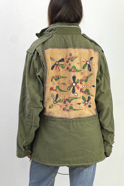Army Cotton 60s Field Jacket Embroidered and Mirrored Indian Patch Reworked Vintage