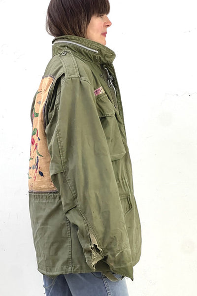 Army Cotton 60s Field Jacket Embroidered and Mirrored Indian Patch Reworked Vintage