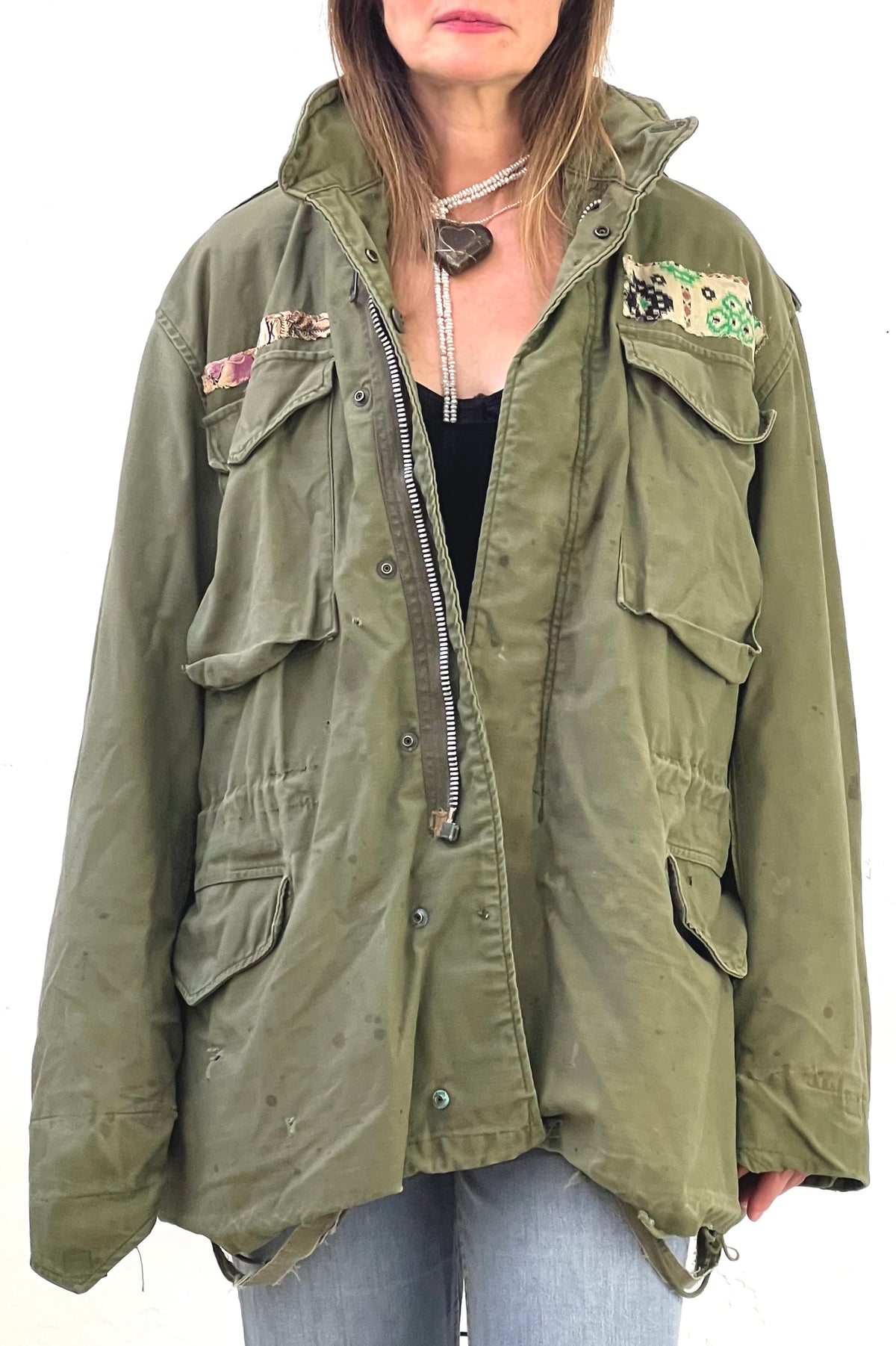 Army Cotton 60s Field Jacket Embroidered and Mirrored Indian Patch Reworked Vintage