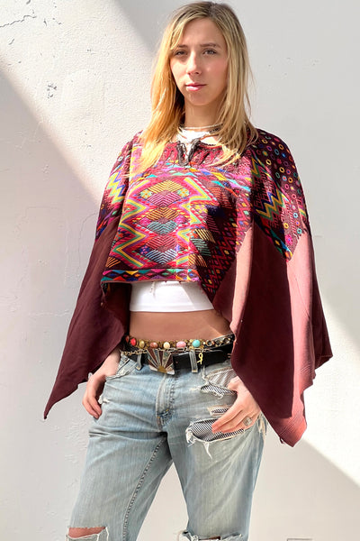 Vintage Hand Woven Embroidered Poncho Top, Cotton