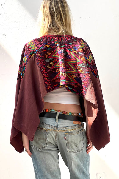 Vintage Hand Woven Embroidered Poncho Top, Cotton, view 2