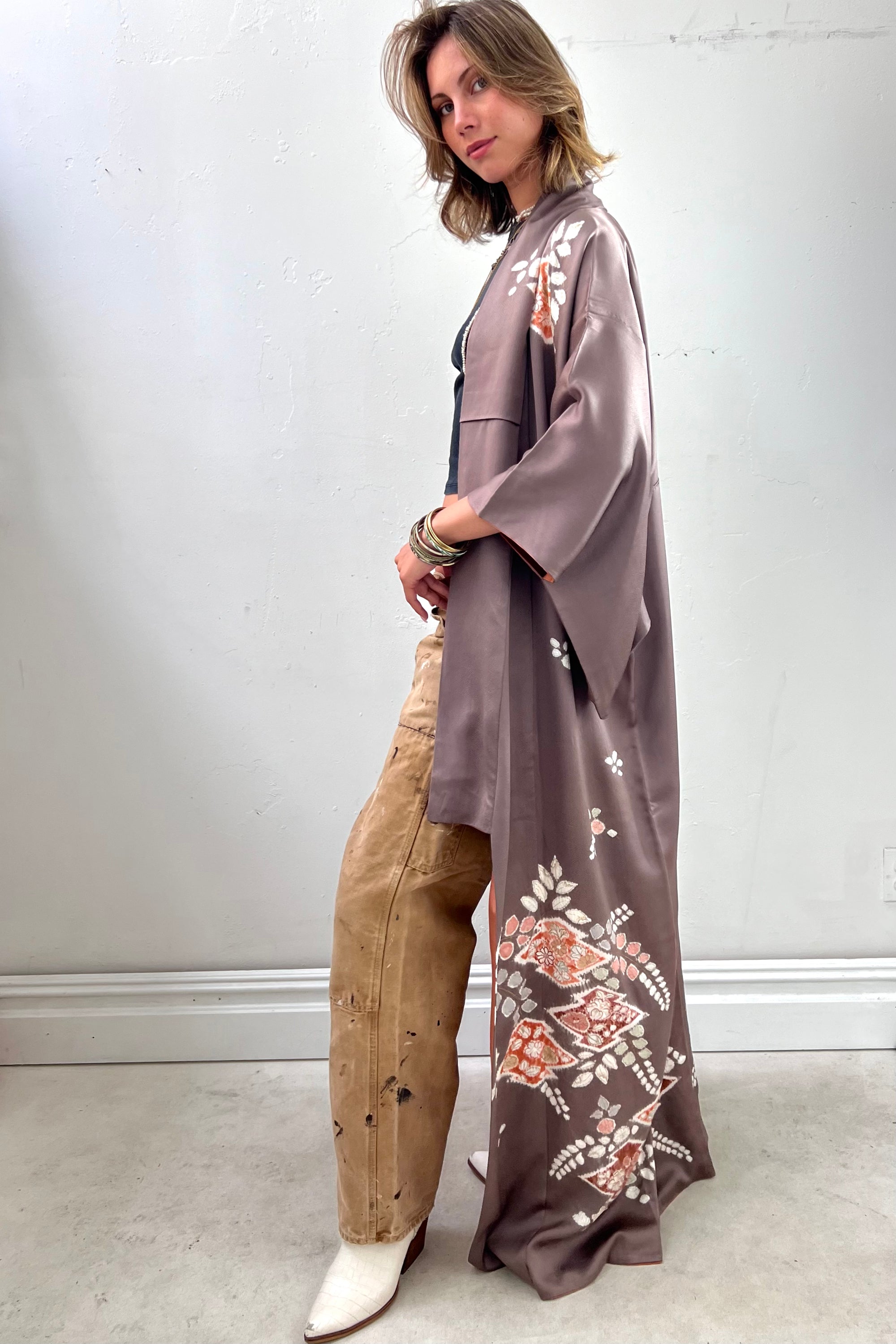 Vintage Champagne Silk Maxi Kimono Selected by Anna Corinna