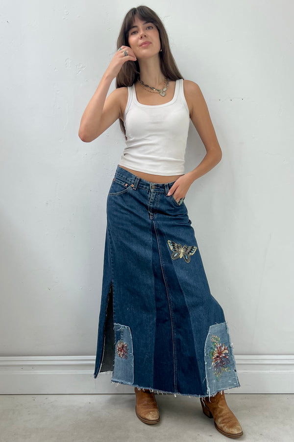 Anna Corinna Reworked Vintage Levi's Patched Jean Skirt, Denim, cotton