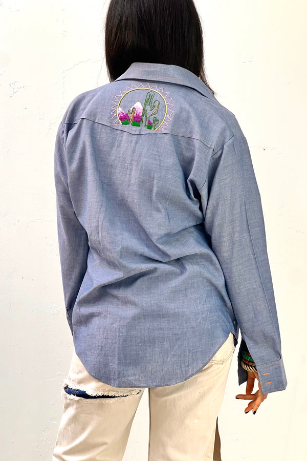 Vintage Chambray Hand Embroidered Button Down, Cotton blend