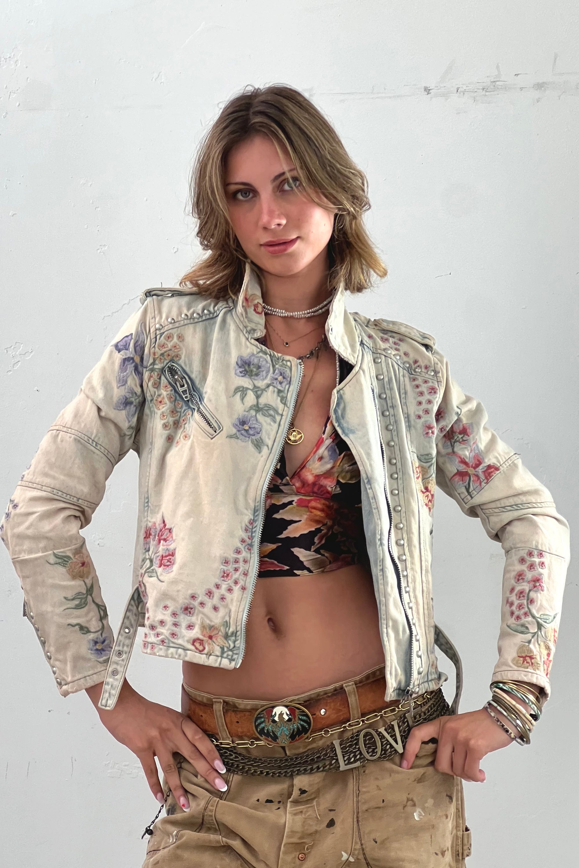 Vintage Embroidered Denim Biker Jean Jacket Selected by Anna Corinna