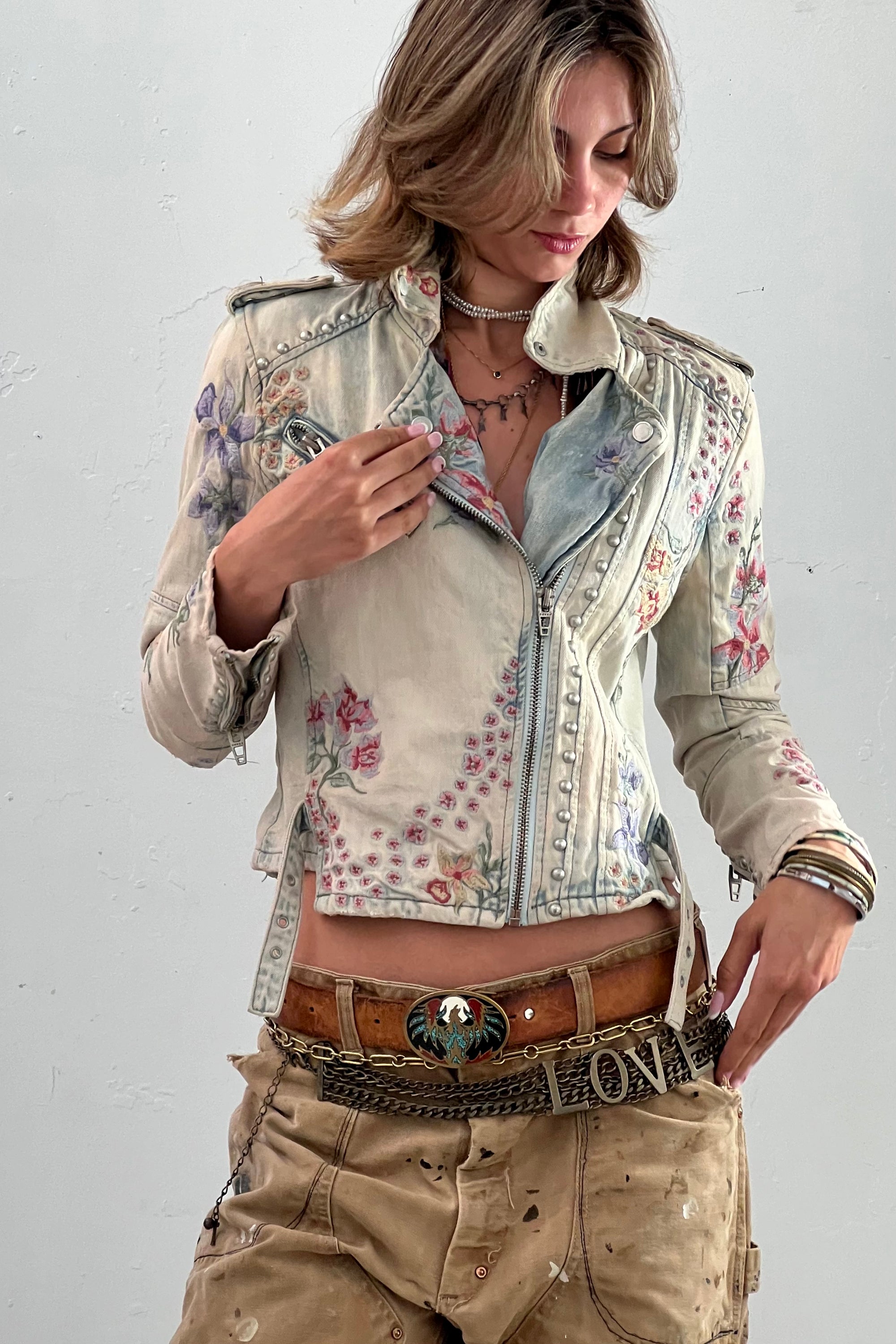 Vintage Embroidered Denim Biker Jean Jacket Selected by Anna Corinna