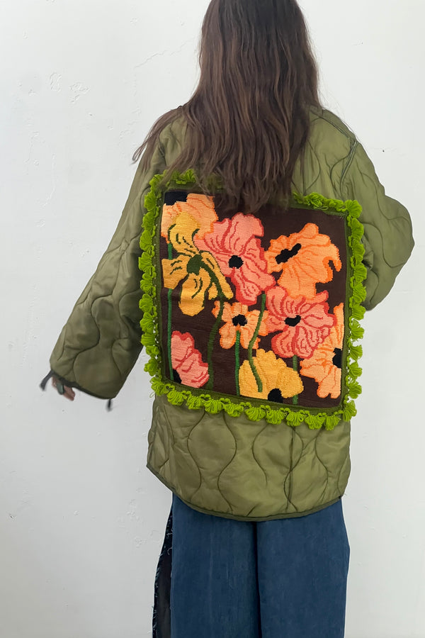 Anna Corinna Reworked Vintage Patched Poppies Army Jacket, Nylon and Wool Embroidered Patch