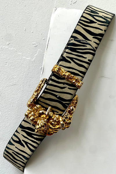 Vintage Mega Golden Buckle on Zebra Suede Belt, view 2