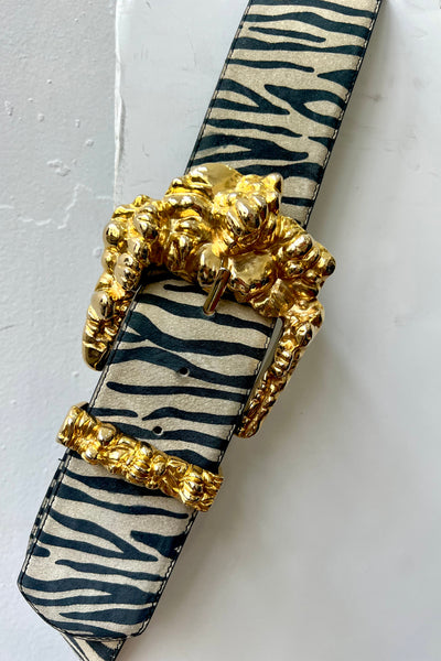 Vintage Mega Golden Buckle on Zebra Suede Belt, view 3