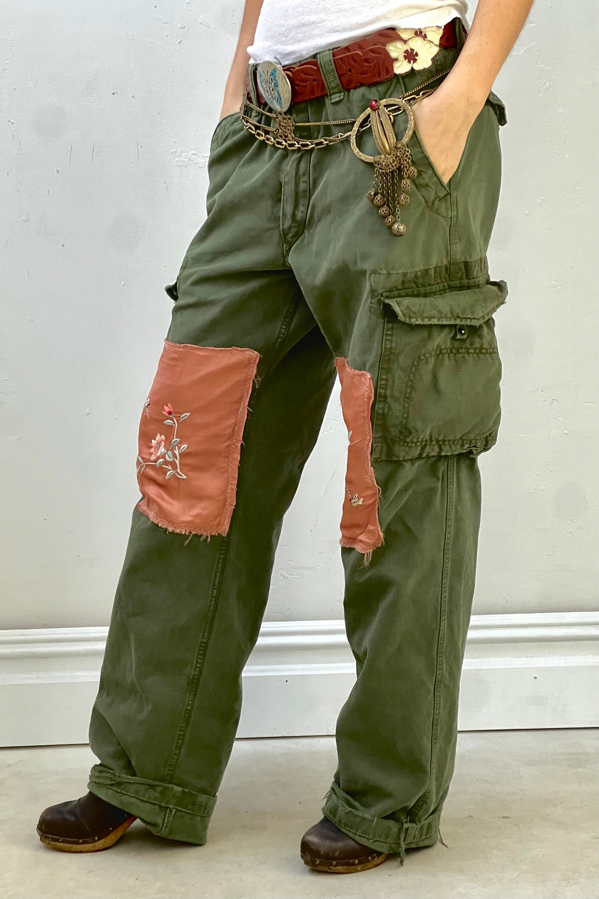 Anna Corinna Reworked Vintage Silk Butterfly Patched Cargo Pants