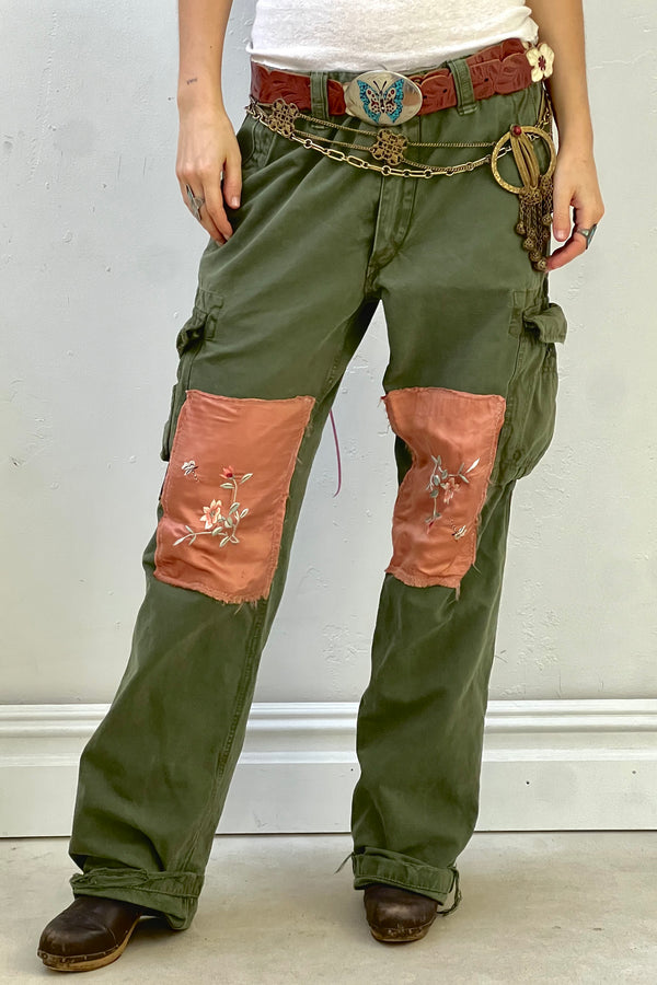 Anna Corinna Reworked Vintage Silk Butterfly Patched Cargo Pants