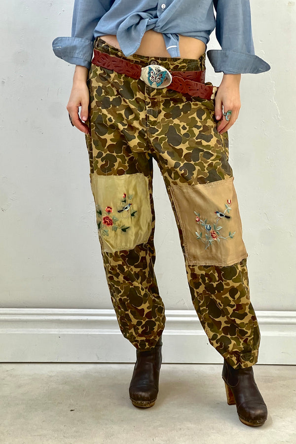 Anna Corinna Reworked Vintage Silk Bird Patched Camo Pants