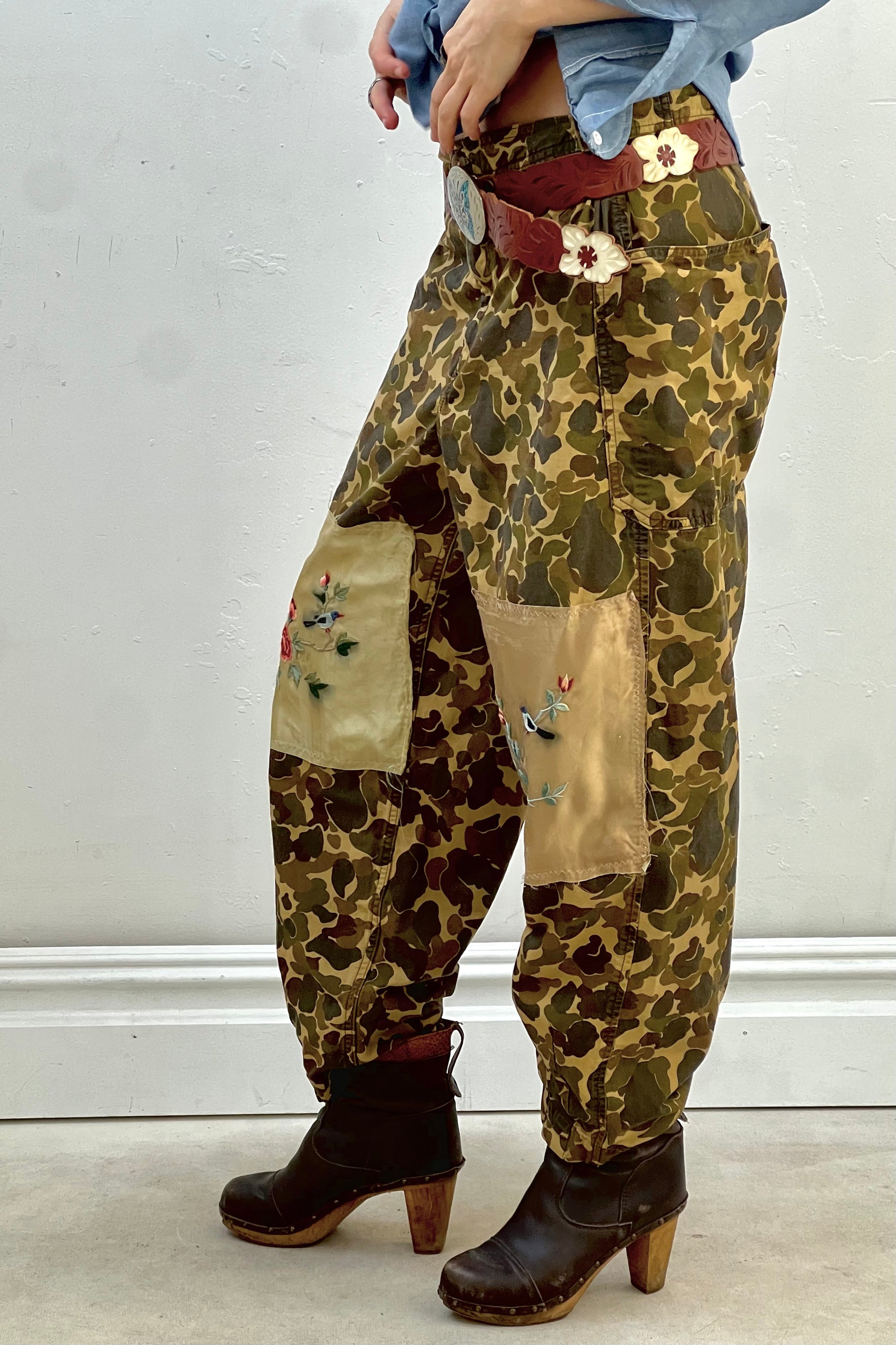 Anna Corinna Reworked Vintage Silk Bird Patched Camo Pants