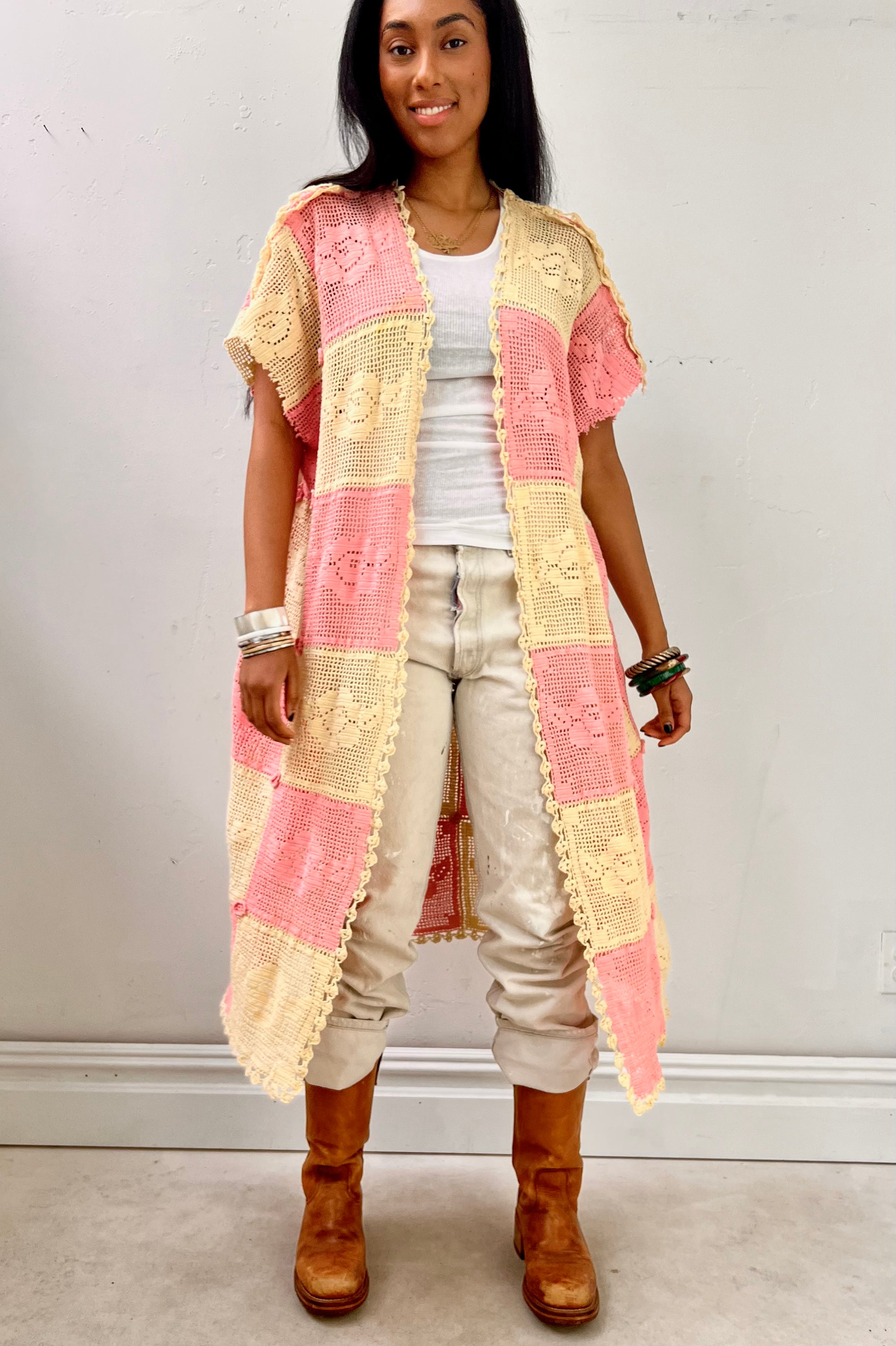 Anna Corinna Reworked Vintage Crocheted Checkered Jacket