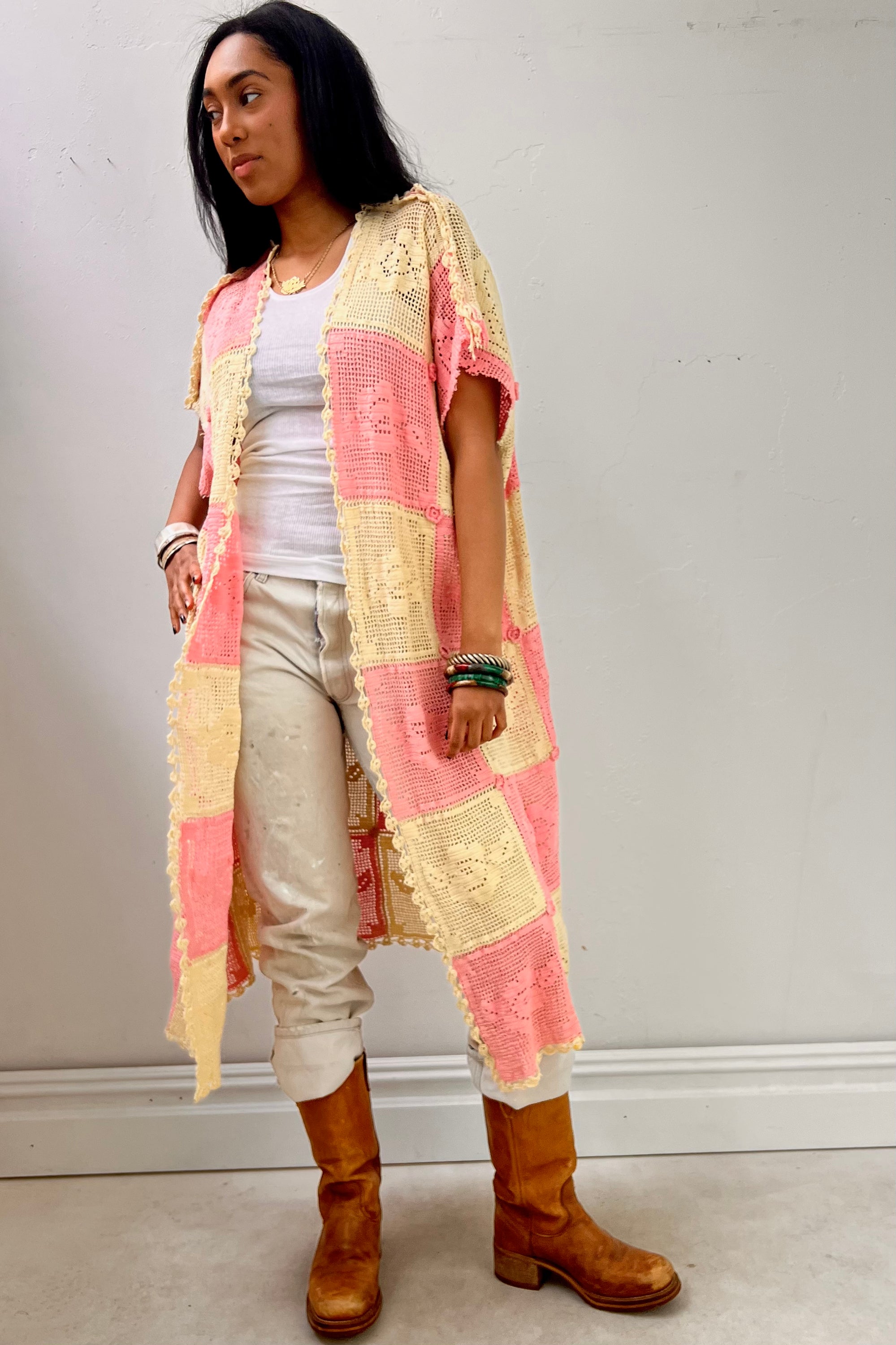 Anna Corinna Reworked Vintage Crocheted Checkered Jacket