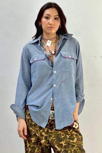 Vintage Embroidered Floral Chambray Button Down Top, view 2