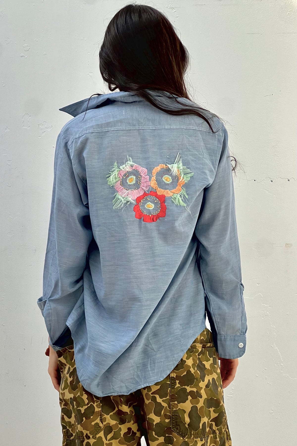 Vintage Embroidered Floral Chambray Button Down Top
