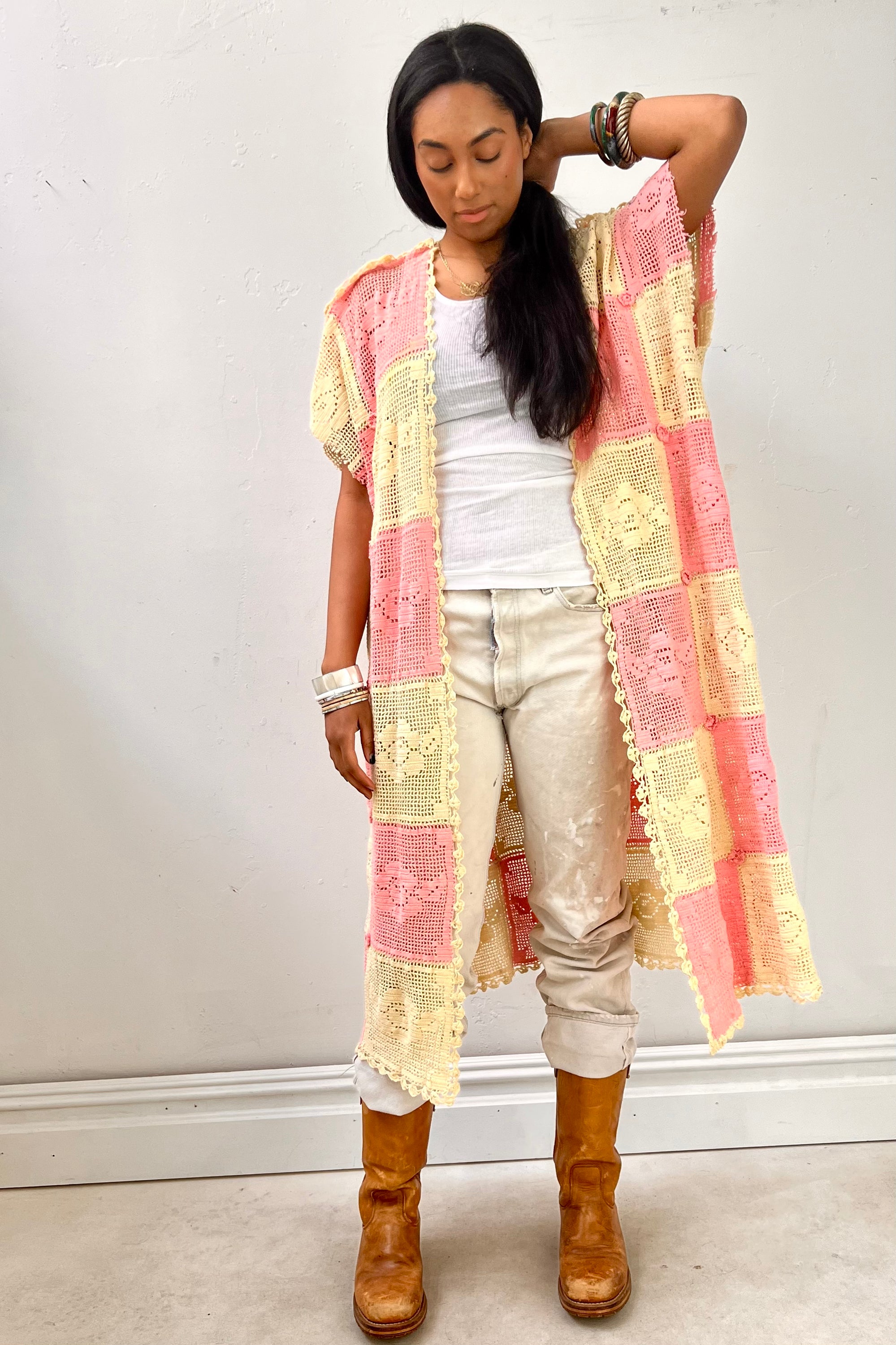 Anna Corinna Reworked Vintage Crocheted Checkered Jacket