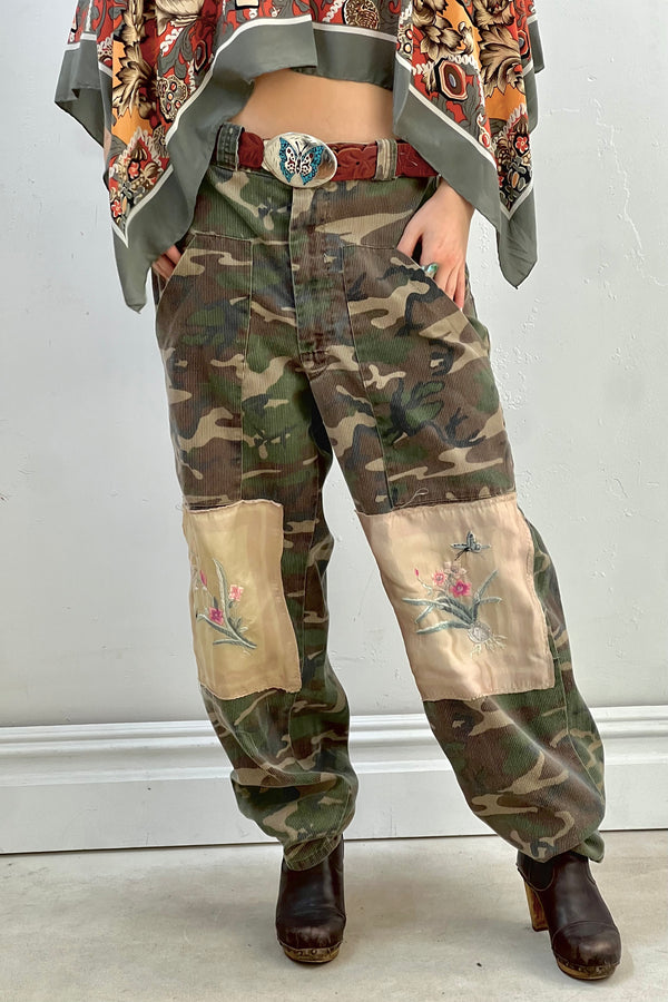 Anna Corinna Reworked Vintage Silk Butterfly Patched Camo Pants