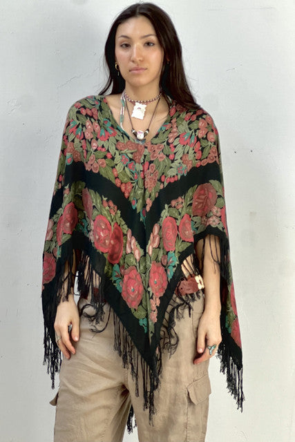 Poncho Cotton 1970s Midnight Flowers Reworked Vintage
