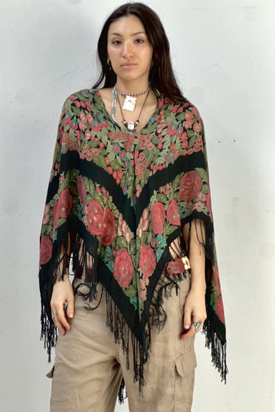 Poncho Cotton 1970s Midnight Flowers Reworked Vintage